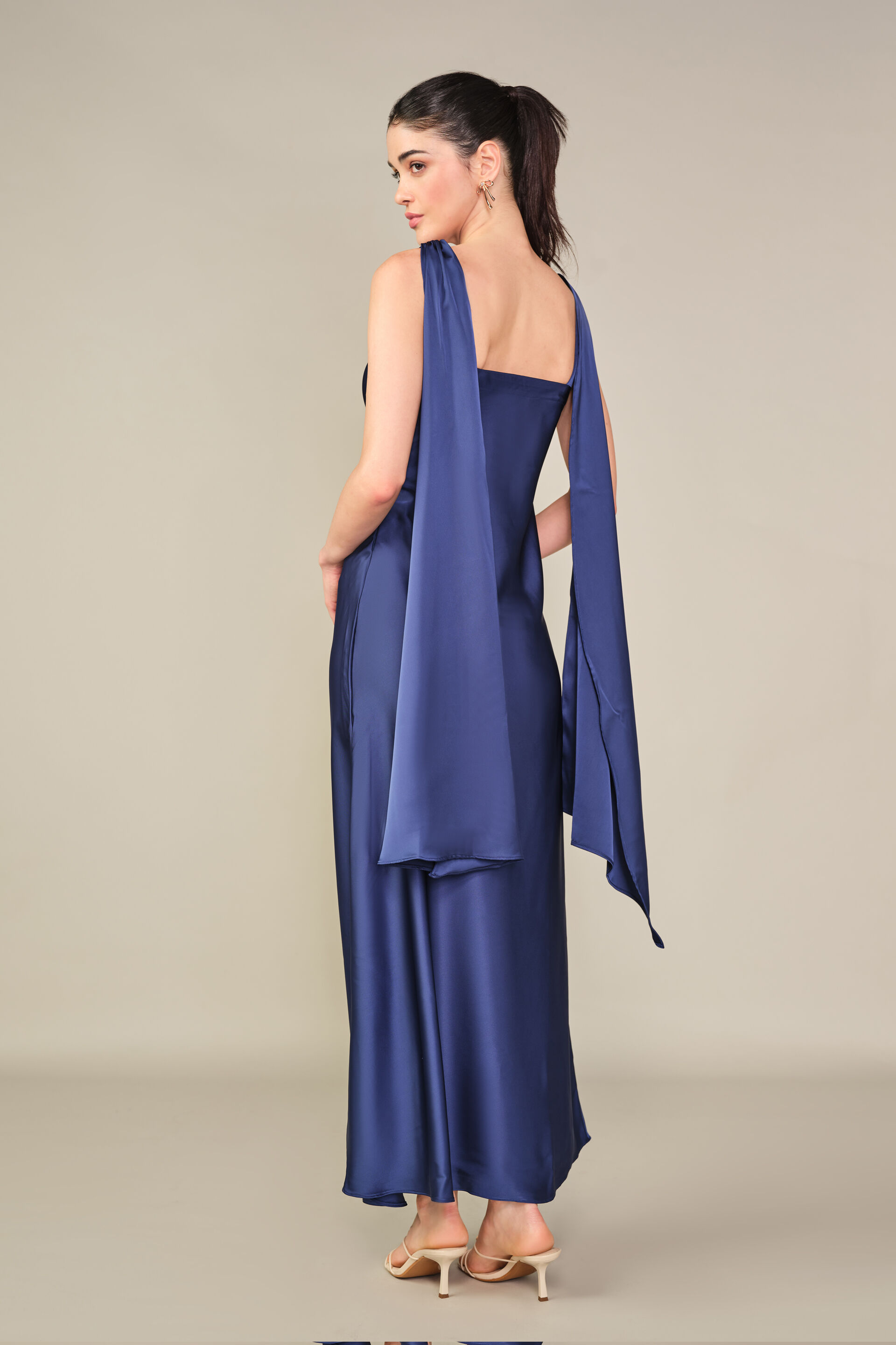 Cowl Satin Gown in Navy, Navy, image 5